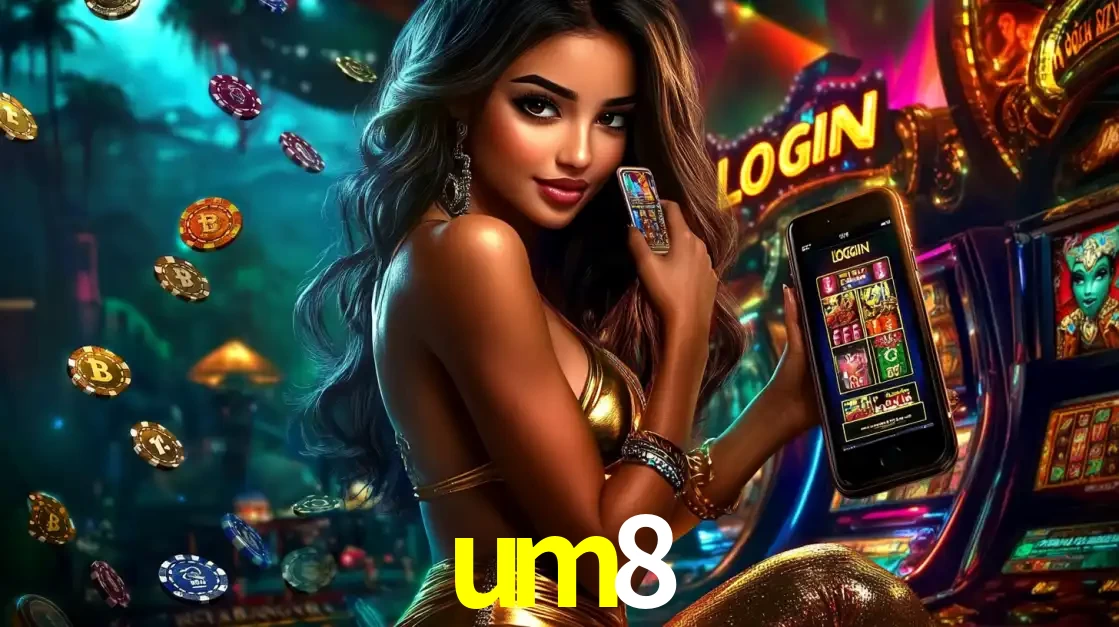 Mulher em um cenário de cassino temático de aventura, mostrando o app de caça-níqueis da um8 no celular. Fichas de apostas flutuam ao redor.