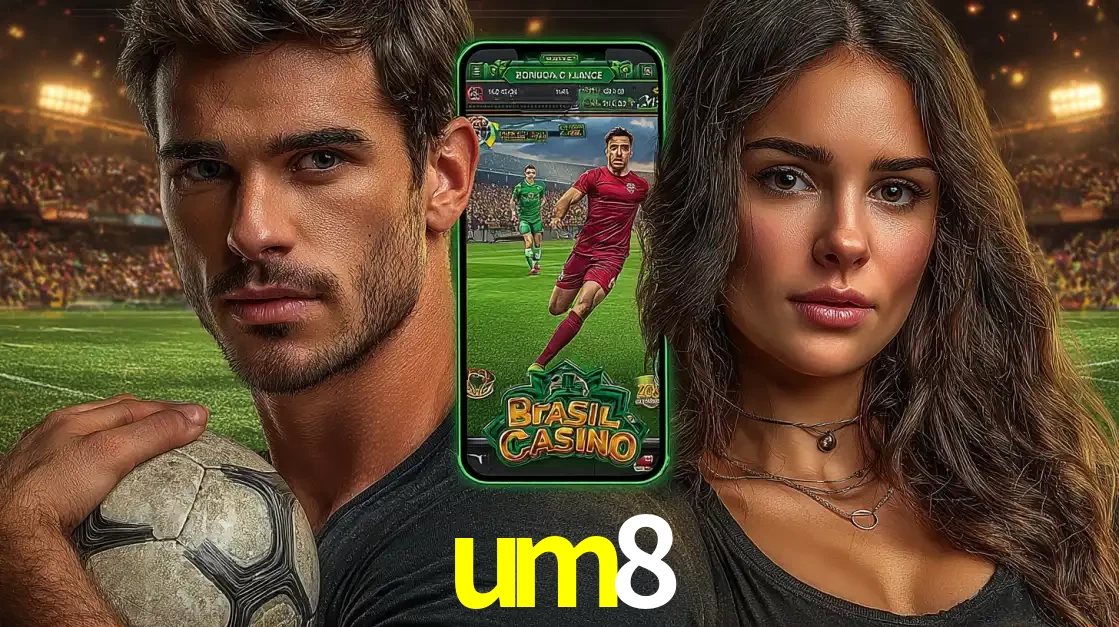 Homem segurando uma bola de futebol e uma mulher ao lado de um smartphone exibindo o jogo de apostas esportivas da um8. Faça seu palpite no cassino online.